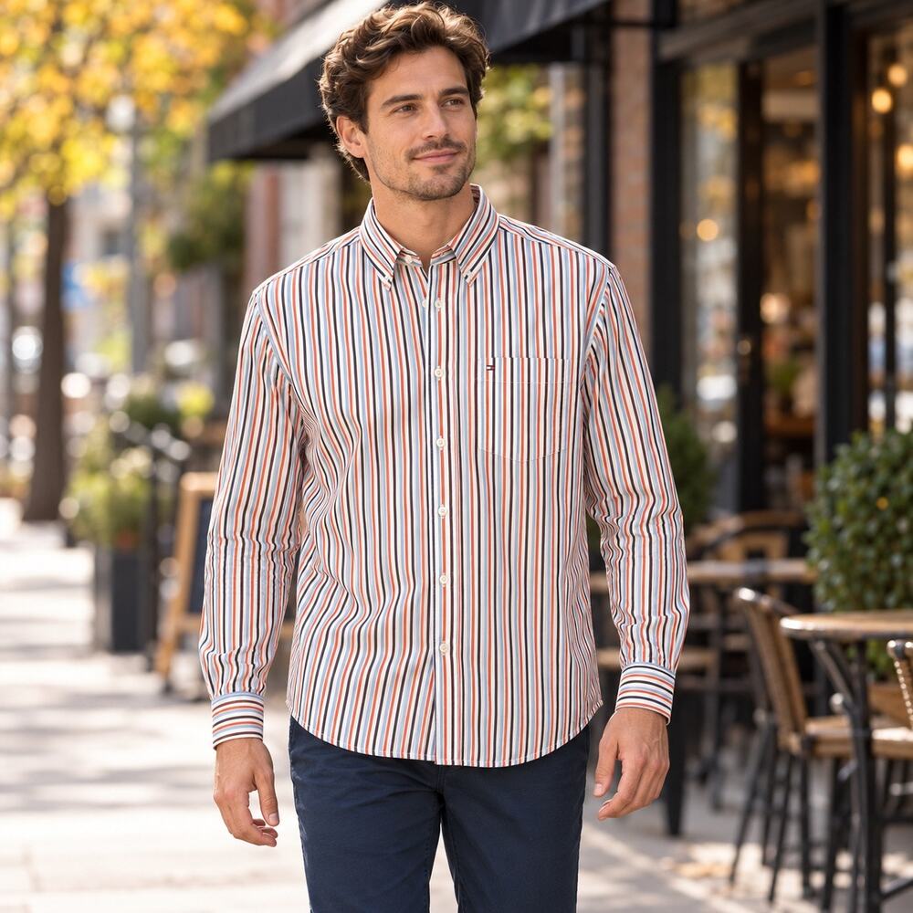 Tommy Hilfiger Men’s Large 80s Two Ply Cotton Striped Button Down Shirt